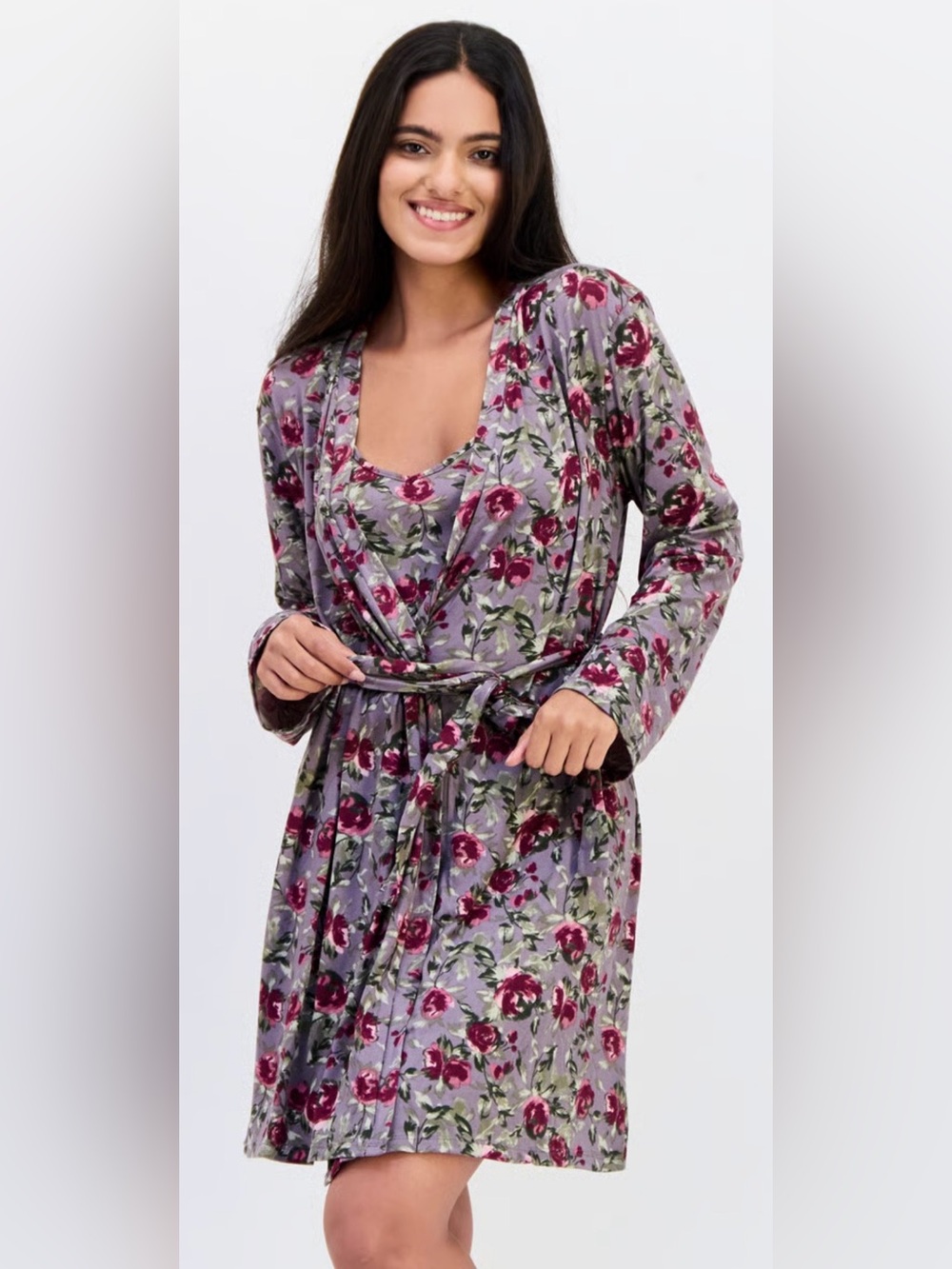 Vince Camuto NWT 2 Pc Gray Robe & Nighty with Burgundy Floral Print (0869)